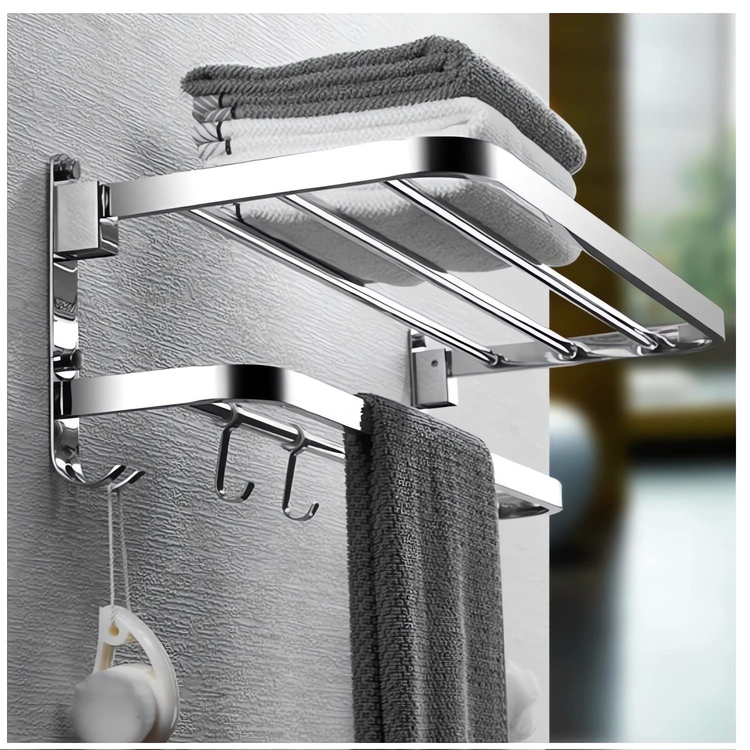Porte-serviettes Double Barre Murale Pliable,5 Crochets,acier Inox Sus 304,rotatif 90°,imperméable,40x24x19.5 Cm (argent)