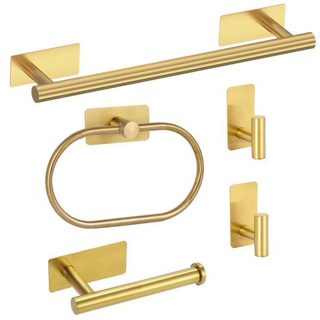 Ensemble D'Accessoires De Salle De Bain 5 Pièces, Porte-serviettes De Salle De Bain, Anneau À Serviette Et Crochet, Aucun Trou Nécessaire, Doré