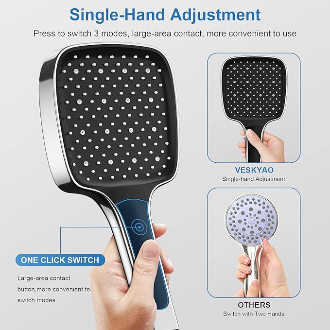 Pommeau De Douche Unique, Pommeau De Douche Haute Pression, Pommeau De Douche Carré Avec Gros Boutons, Utilisation À Une Main, Changement De Mode Facile, Argent Et Noir