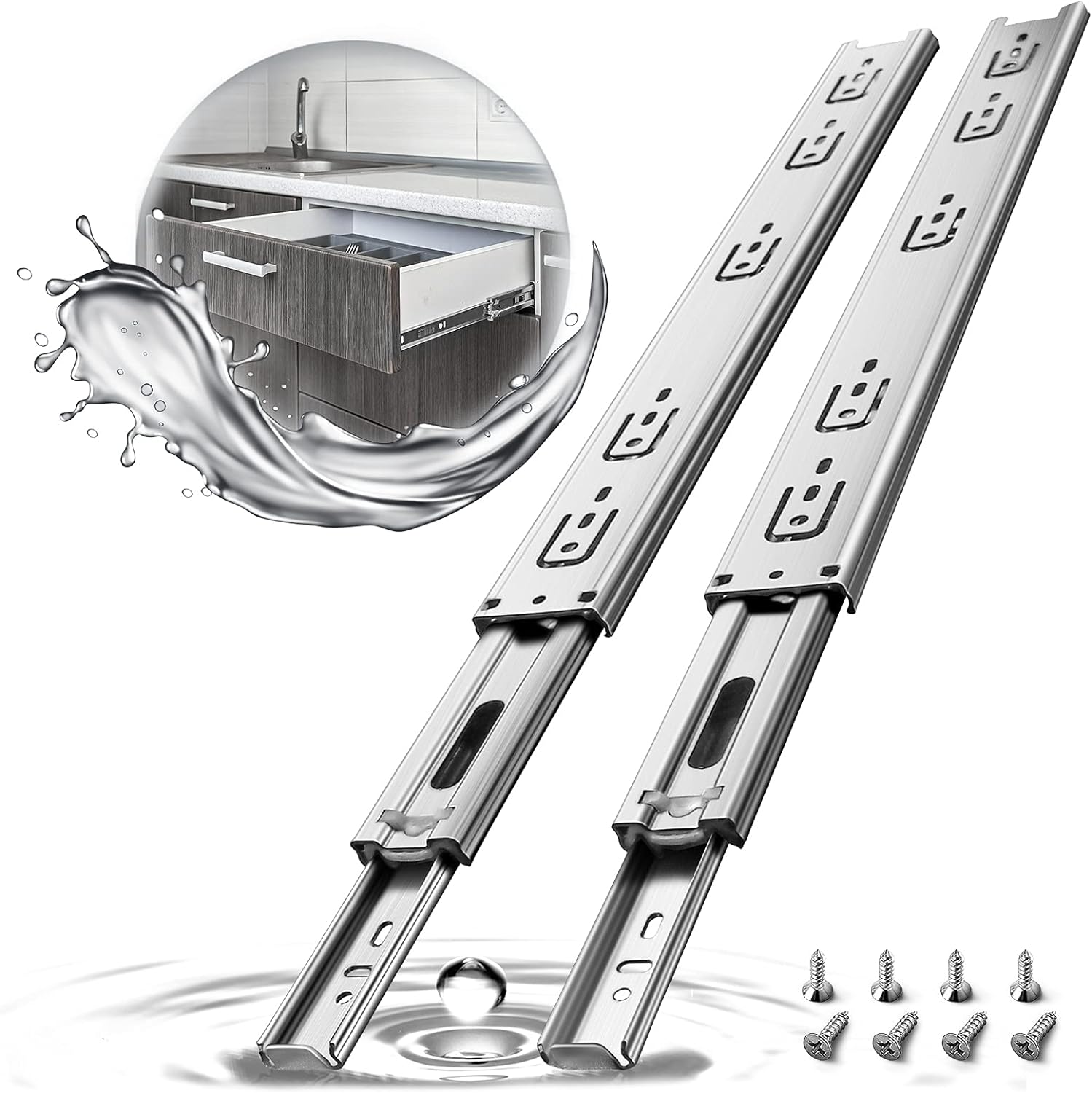 Glissiere De Tiroir Silencieuses, Acier Inoxydable, 45kg Capacité De Charge Avec Roulement À Billes 14"(350 Mm) Extension Complète,montage Latéral 1 Paire Argenté