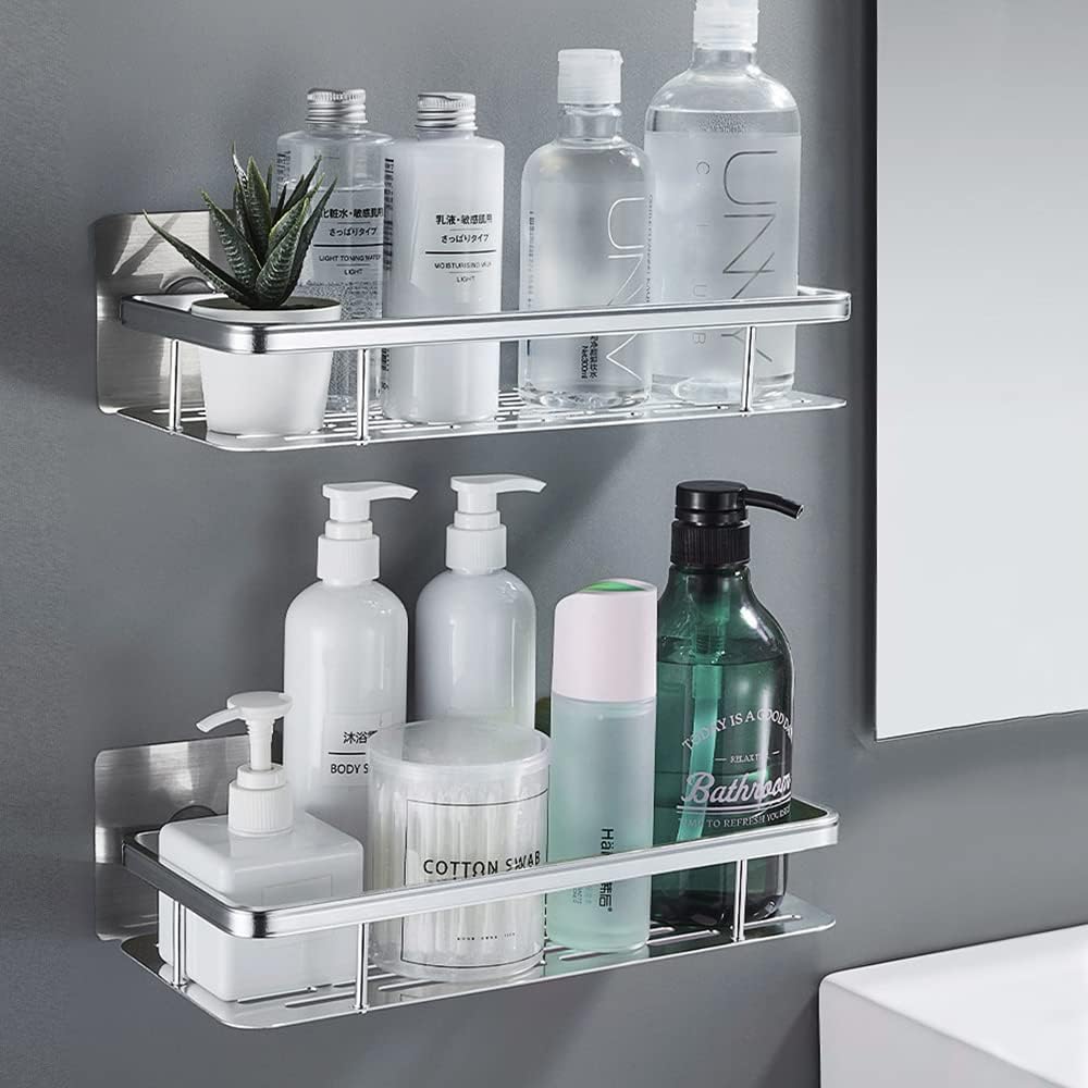 Ensemble De 2 Étagères De Douche Sans Perçage, Étagère Murale De Salle De Bain En Aluminium, Étagère De Douche Pour Salle De Bain, Cuisine, Chambre, Argent