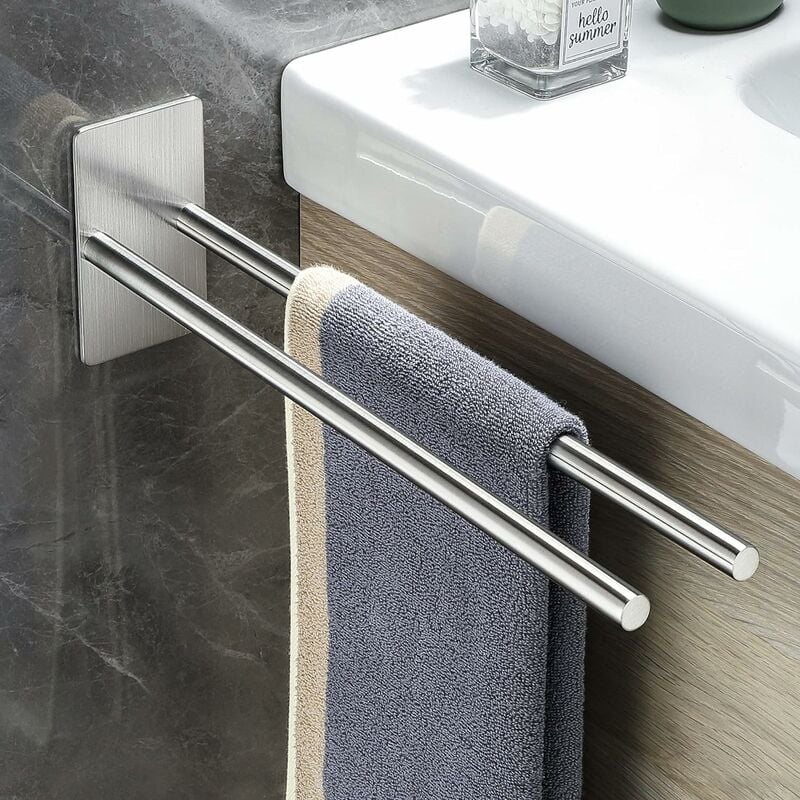 Porte Serviette Salle De Bain En Acier Inoxydable 304 Double Porte-serviettes Sans Perçage Auto-adhésif Porte Serviette Murale Pour Salle De Bain Cuisine,argenté 38cm
