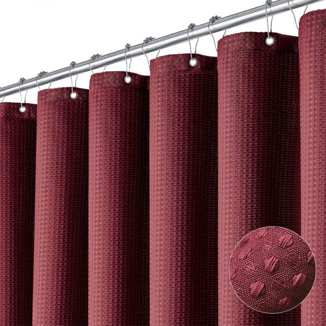 Rideau De Douche En Tissu Gaufré Pour Salle De Bain Avec 12 Crochets, 180 Cm X 200 Cm, Bordeaux