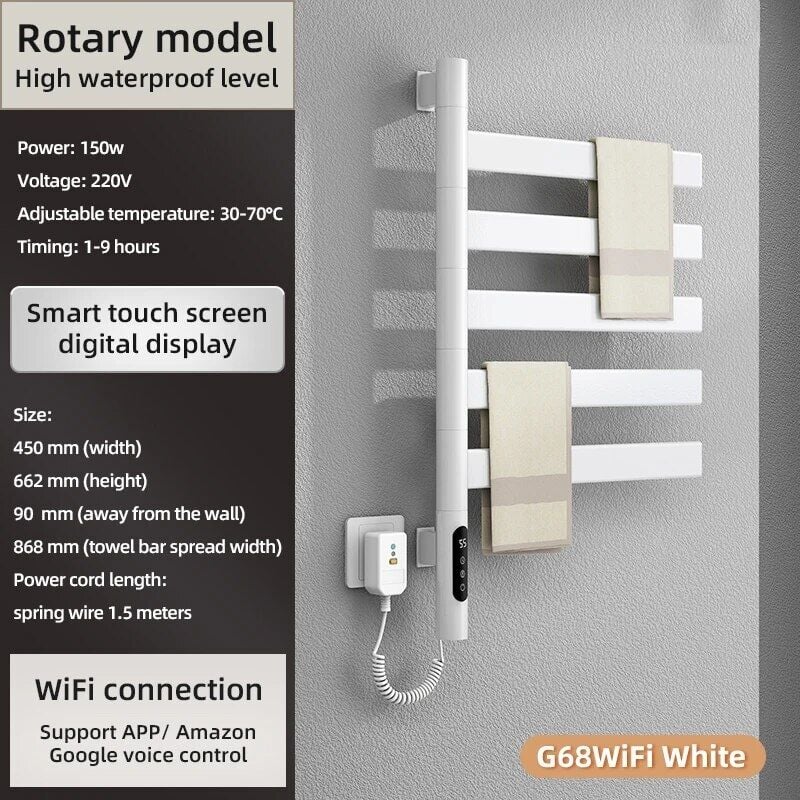 Sèche-serviettes Chauffant Blanc Électrique Et Mural Avec Wifi Pour Salle De Bain - Puissance 150w, Ipx5, Réglable De 30 À 70°c, Minuterie 1-9h, Câble D'Alimentation 1,5m