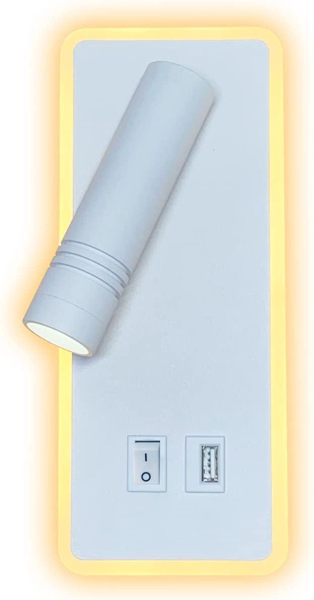 Applique Murale Led 9 W, Lampe De Chevet Avec Port De Chargement Usb, (6 W Blanc Chaud 3000 K) + (3 W Blanc 6500 K), Forme Rectangulaire Blanche