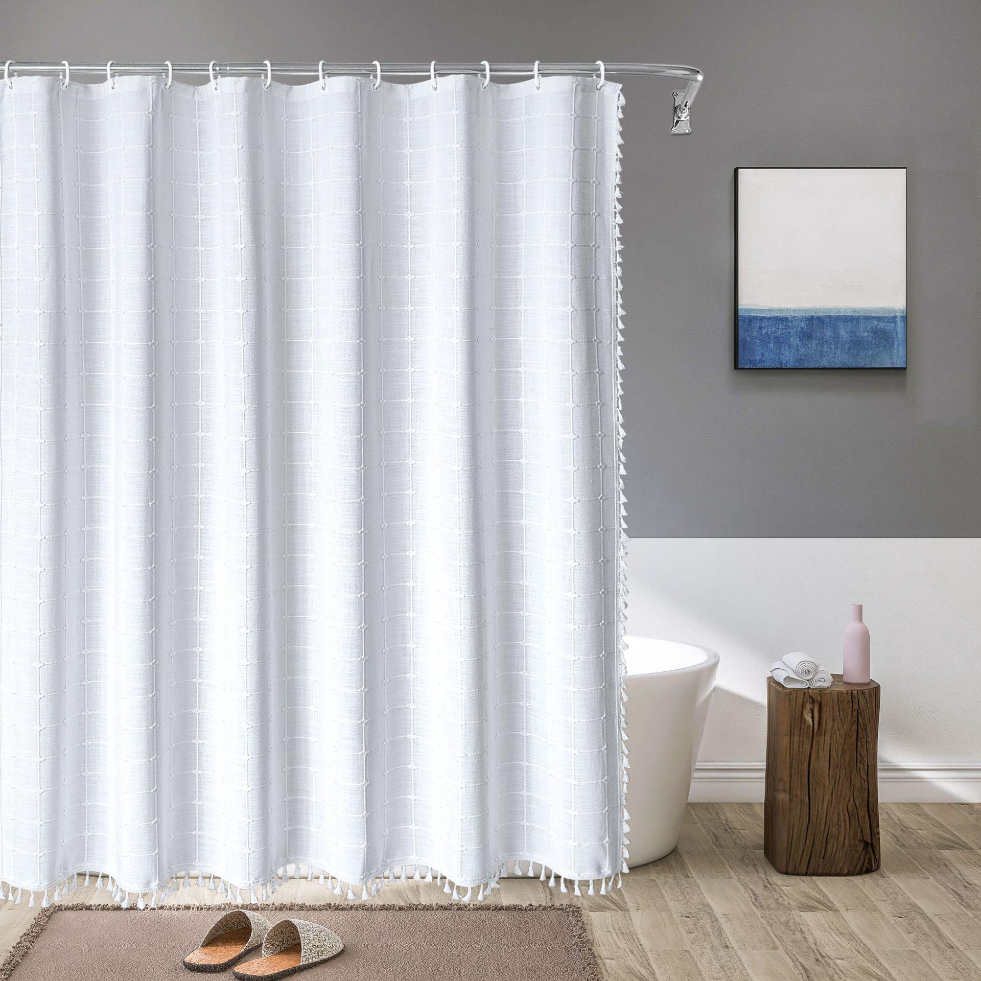 Rideau De Douche À Pompons En Lin Et Polyester 180 X 180 Cm (blanc), Imperméable, Avec Crochets, Haute Qualité, Anti-moisissure, Facile À Nettoyer, Joliment Imprimé