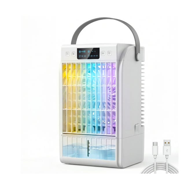 Climatiseur Portable Mini Rafraîchisseur D'Air 4 En 1, 4 Vitesses, 2 Modes Brumisation, Éclairage Led Rgb, Blanc