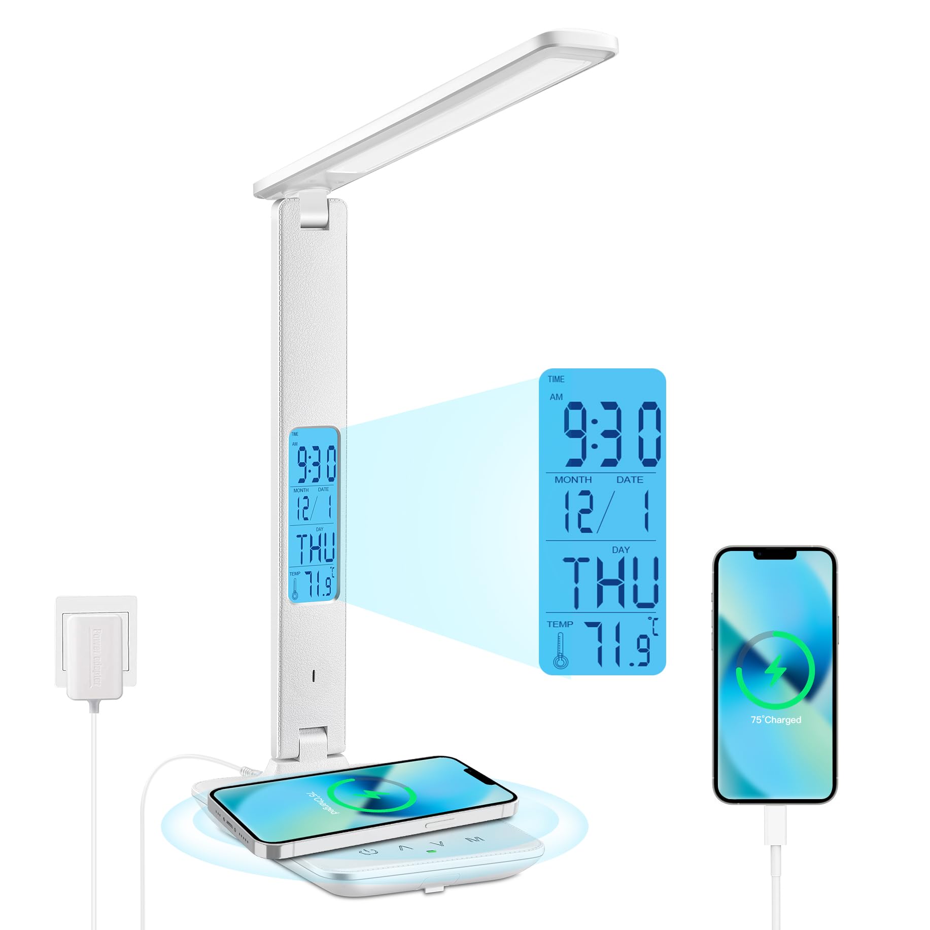 Lampe De Bureau Led Avec Chargeur Sans Fil Usb,écran Lcd Affichant Heure/alarme/température,flexible Et Réglable,contrôle Tactile (blanc)