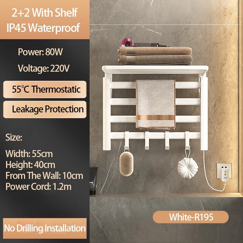 Sèche-serviettes Chauffant Électrique Et Mural Classique - Puissance 80w, Ip24,55° Température Constante, 4 Crochets Standards,étagère Pliable, Câble D'Alimentation 1,2m （r195 Blanc）