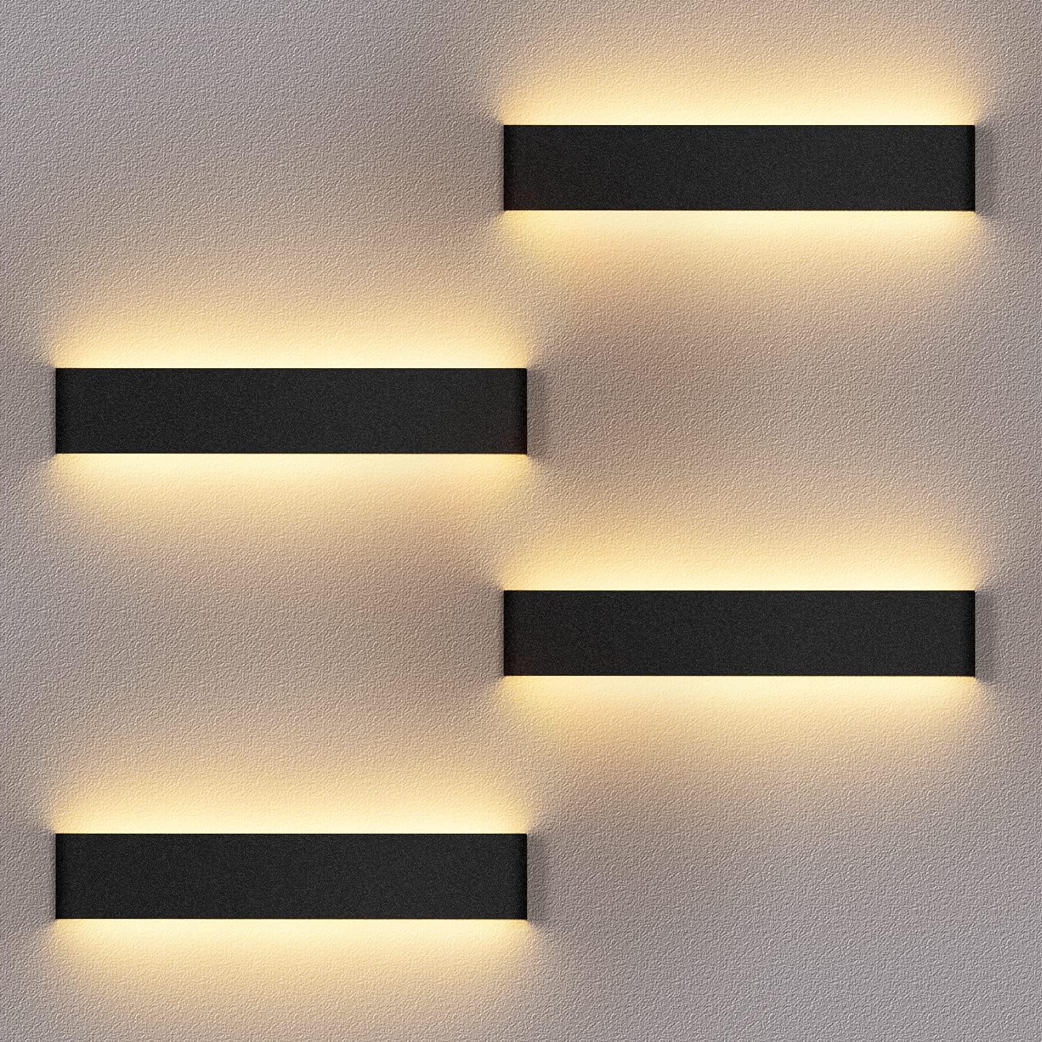 Lot De 4 Appliques Murales Led Noires D'Intérieur, 3000k Blanc Chaud, Éclairage Moderne Haut/bas, 16w, Pour Chambre, Salon, Escalier, Couloir.