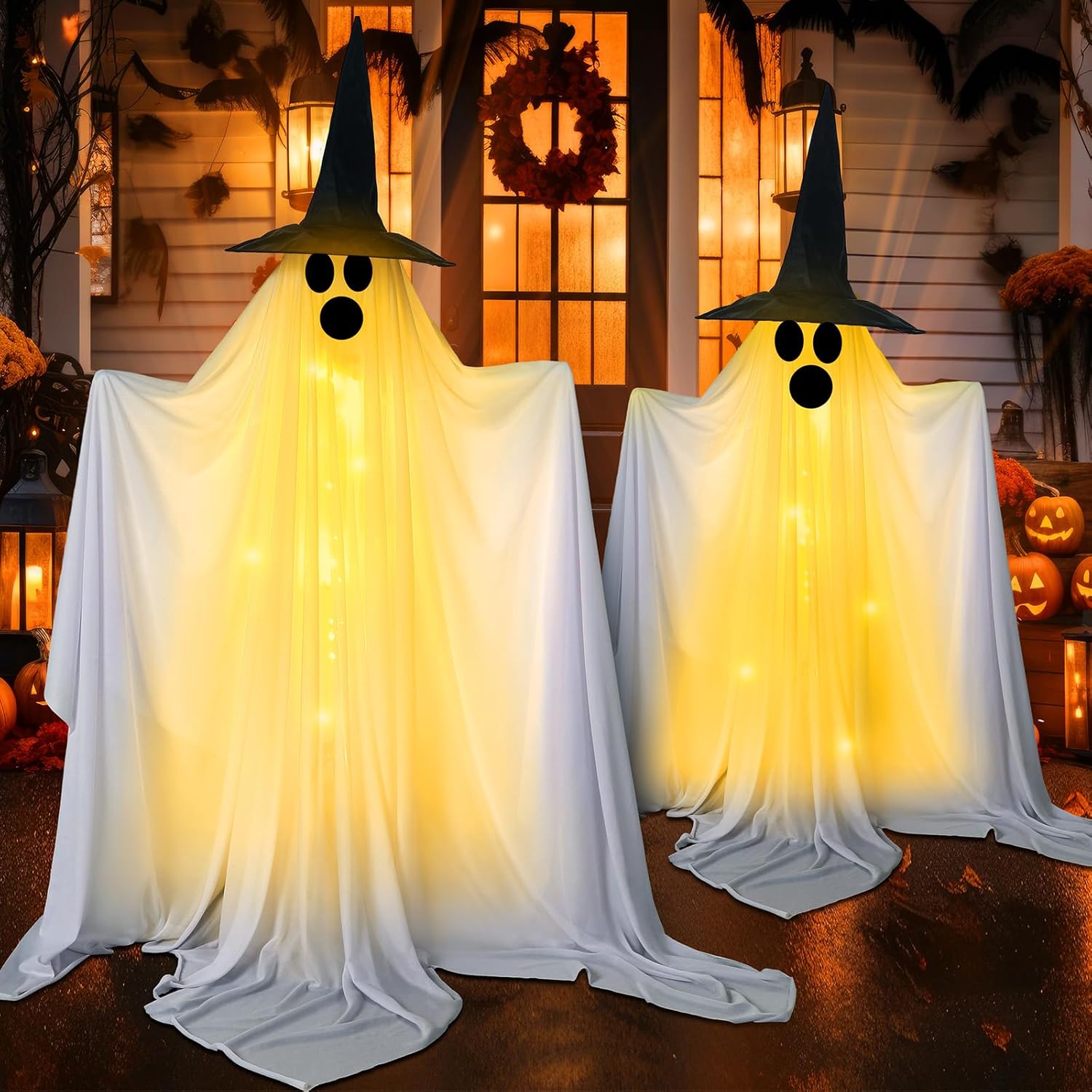 Lot De 2 Décorations D'Halloween Fantômes Avec Guirlande Lumineuse Et Support Extérieur. Lumières Fantômes Blanches Pour Porche, Cour, Jardin Et Pelouse.