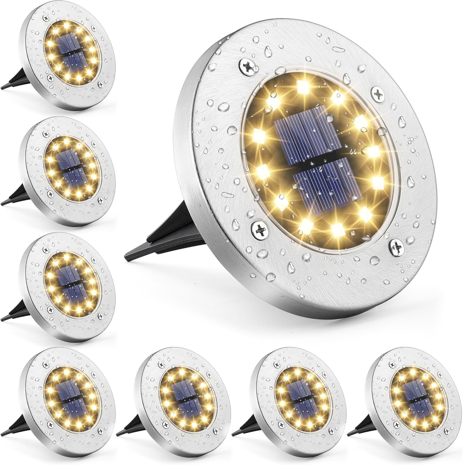 Lumière Solaire Extérieur 12 Leds 8 Pièces Lampes Solaires Au Sol Lampes De Jardin Blanches Acier Inoxydable Étanche Pour L'Extérieur, Jardin, Terrasse, Pelouse, Cour, Passerelle