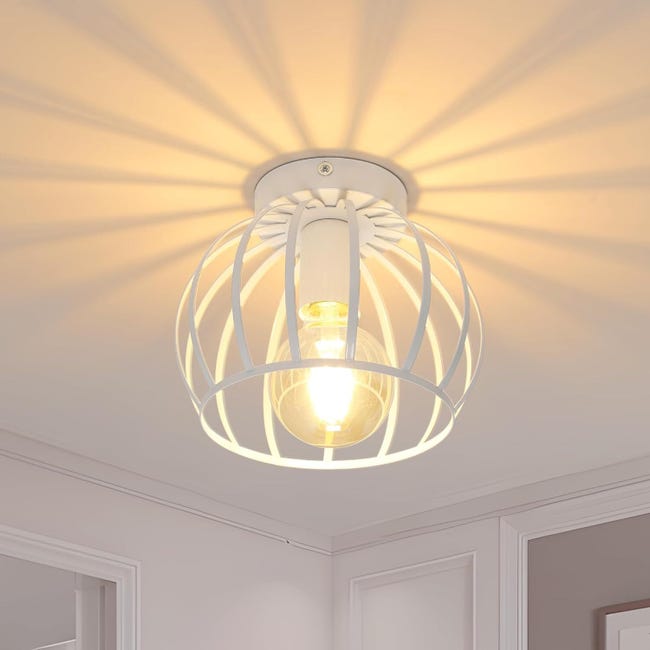 Goeco Plafonnier Industrie Vintage - E27 Abat-jour Cage En Métal, Blanc Lampe De Plafond Rétro Pour Couloir Entrée Cuisine Salon Chambre(sans Ampoule)