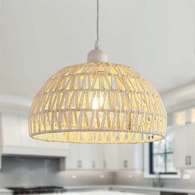 Suspension En Rotin Vintage E27 Base Lustre Pour Salon Chambre À Coucher Salle À Manger Bureau Blanc