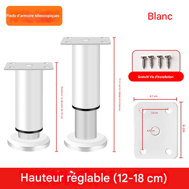 Ensemble De 4 Pieds De Meuble Réglables, 4,72 Pouces, Pour Chaises, Tables, Commodes, Canapés Et Lits, Pieds De Meuble De Remplacement, Blanc