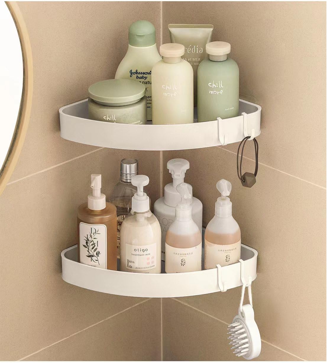Etagere Douche Angle, Lot De 2 Etagère De Douche D'Angle Sans Perçage, Serviteur De Douche D'Angle Avec 4 Crochets Amovibles, Pour Salle De Bain Blanc