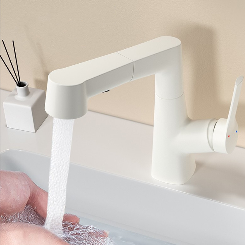 Robinet De Lavabo Extractible À Un Trou, Avec Valve En Céramique, Douchette Extensible À 2 Fonctions, (blanc)