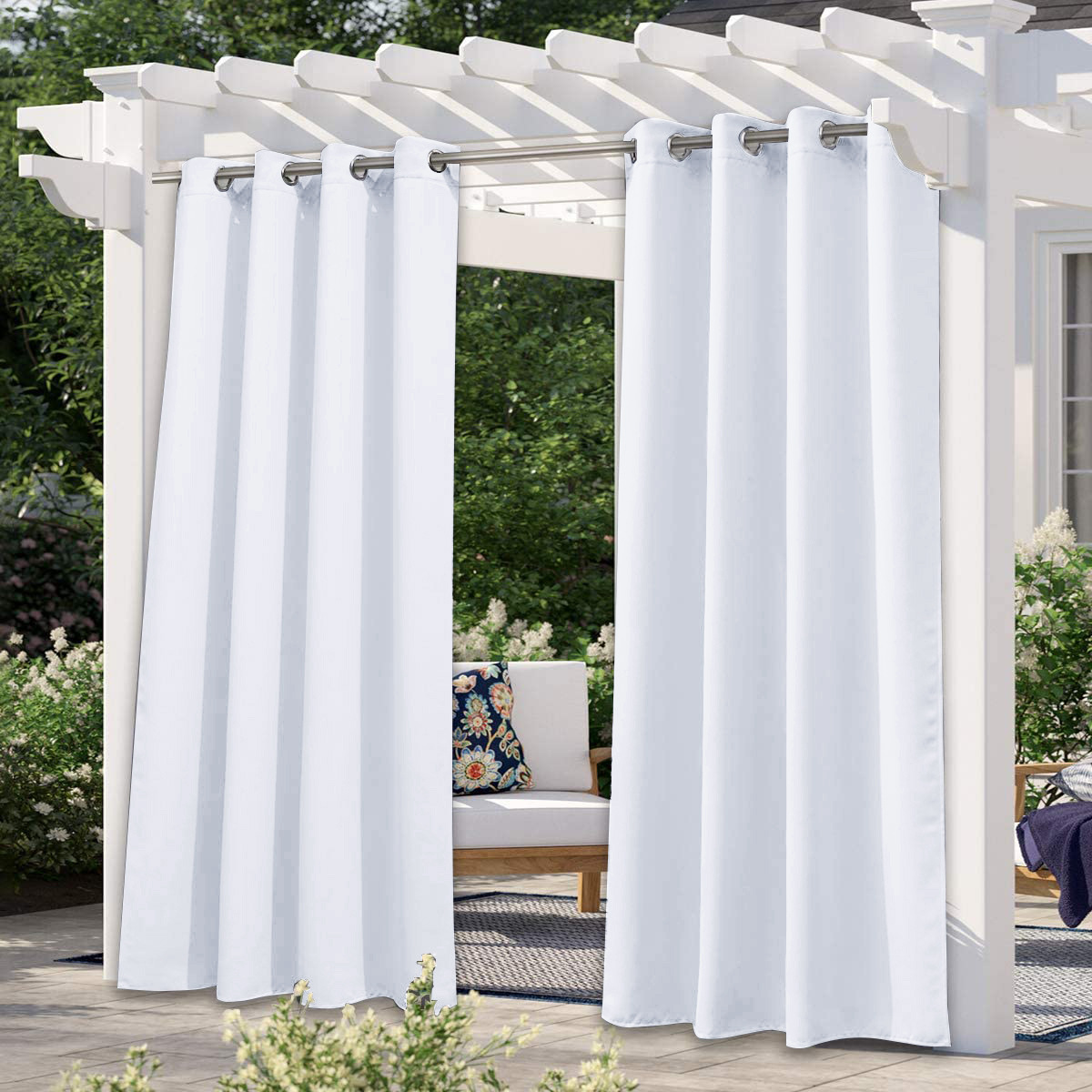 Rideaux D'Extérieur - Rideaux De Terrasse Imperméables À Œillets, Rideaux Isolants Thermiques, Décoration De Jardin, L 132 X H 213 Cm, Blanc, 1 Paire