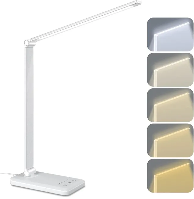 Lampe De Bureau, Lampe De Bureau Led À Intensité Variable, 5 Températures De Couleur Et 5 Niveaux De Luminosité Réglables, Blanche (avec Câble Usb)