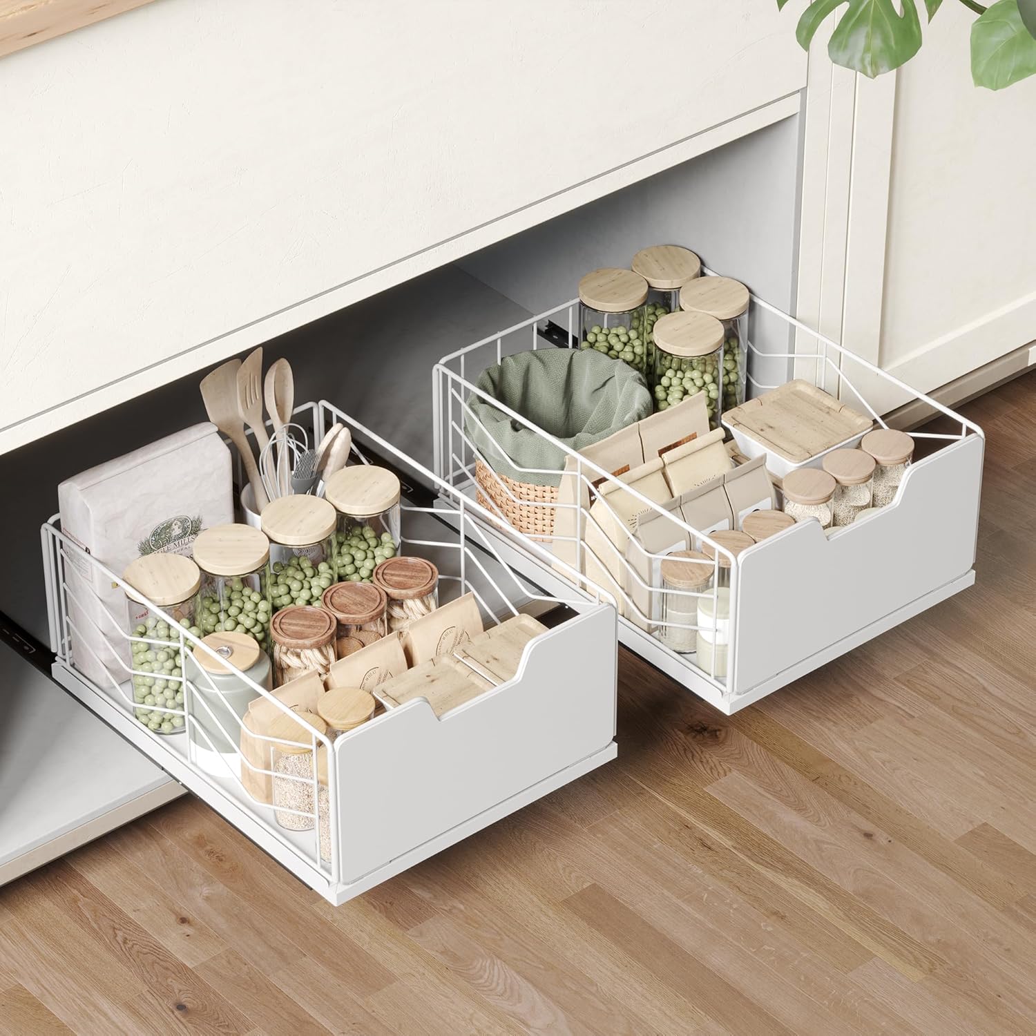 Ensemble De 2 Paniers D'Armoire À Tiroirs Coulissants De Cuisine En Métal Pour Cuisine, Salle De Bain Et Plus Encore. 40 X 30 X 17,5 Cm, Blanc