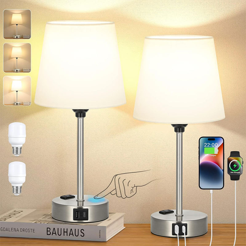 Lampe De Chevet Tactile Avec Ports Usb-a+c+ac, 2 Ampoules, 3 Dimmables, Abat-jour En Lin Blanc, Base En Argent Givré, Convient Pour Chambre, Salon, Chambre D'Enfants, Bureau [classe D'Efficacité Énerg
