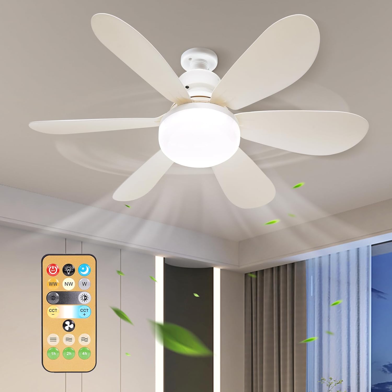 Ventilateur De Plafond 30 W Avec Douille E27, Avec Lumière Et Télécommande, Intensité Variable, 6 Pales, 3 Vitesses, Minuterie, Blanc
