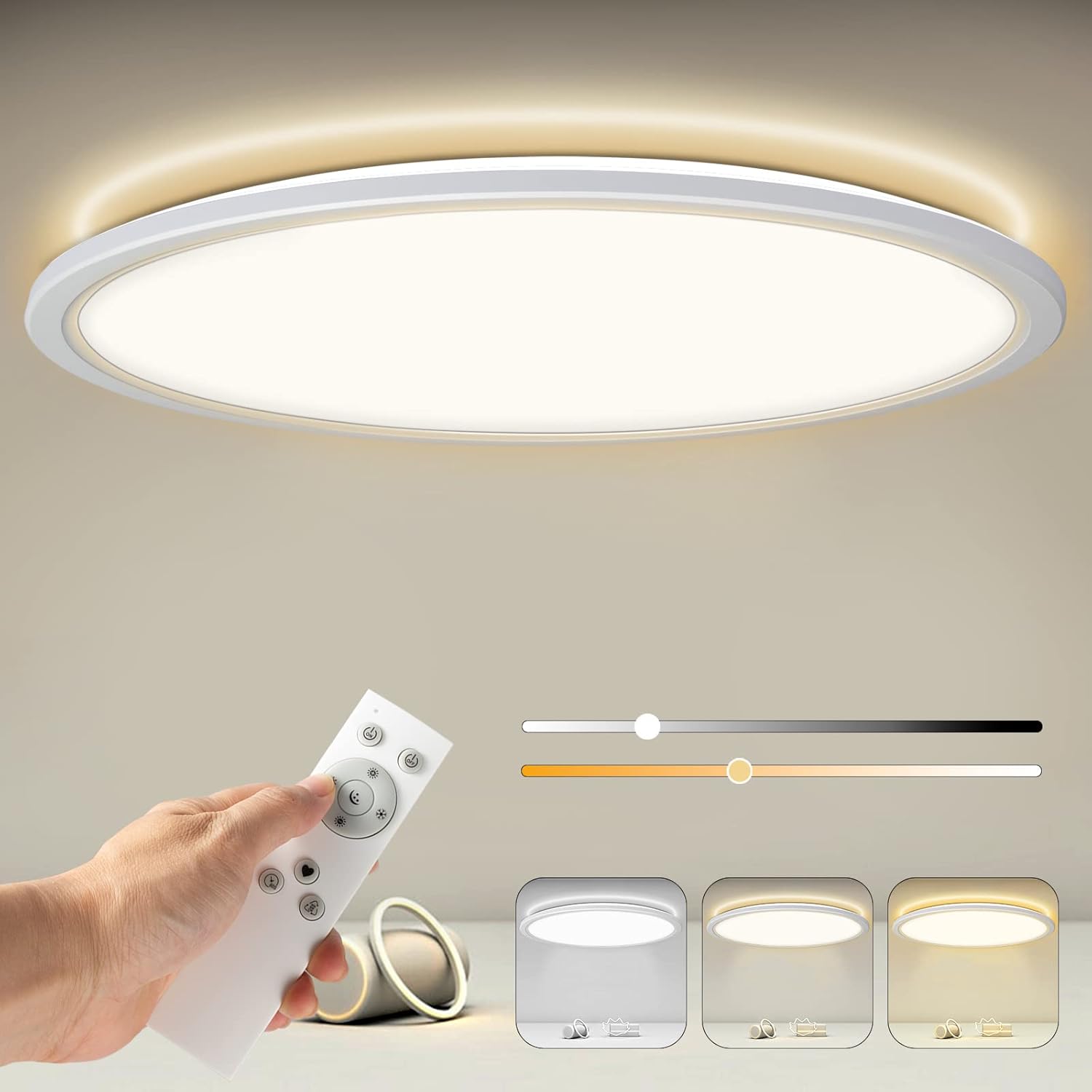 Ineasicer Plafonnier Led Dimmable Avec Télécommande, Plafonnier Panneau Rond 24w 2400lm Ip44 2.5cm Ultra Fin, 3000k-6500k 30x30cm Blanc Pour Chambre/salle De Bain/chambre D'Enfant/salon/cuisine/couloi