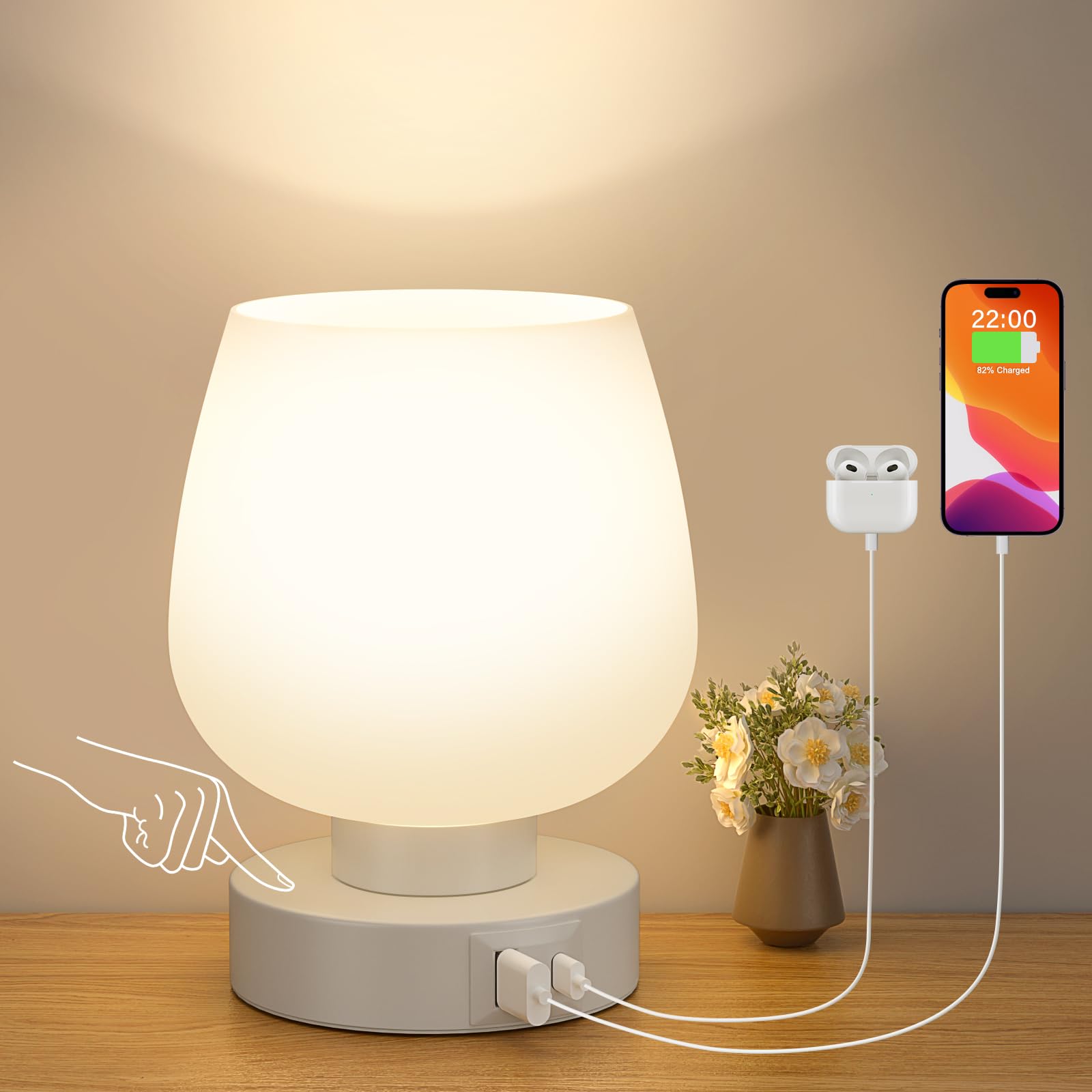 Lampe De Chevet Tactile Avec Ports Usb-a/c,3 Niveaux De Luminosité,abat-jour En Verre Blanc - Parfaite Pour Chambre Et Salon (ampoule Led Incluse)