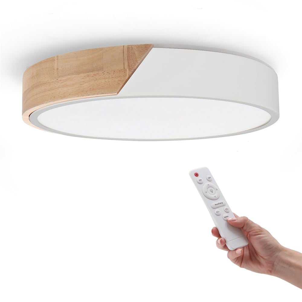 Plafonnier Led Rond Blanc 24w Avec Télécommande Réglable 2700k-6500k Du Blanc Froid Au Blanc Chaud Et Intensité 2400lm Design Blanc Avec Bois Naturel Pour Salle De Bain Cuisine