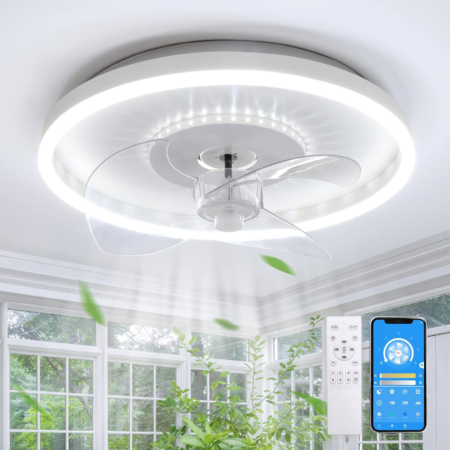 Ventilateur De Plafond Avec Éclairage, Led Dimmable Plafonnier Avec Ventilateur Et Télécommande App 6 Vitesses, 32w Blanc Rond Silencieux Ventilateur De Plafond Avec Lampe Pour Chambre Salon, 40cm