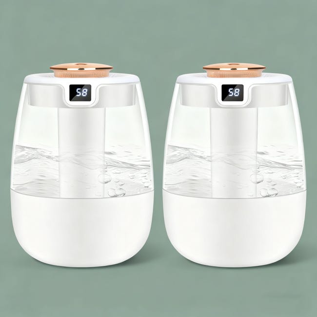 Lot De 2 Humidificateur De Chambre – Humidificateur D'Ambiance Double Buse 360° 1,2 L Avec Veilleuse, Affichage Numérique, 30 Db Pour Bureaux (blanc)