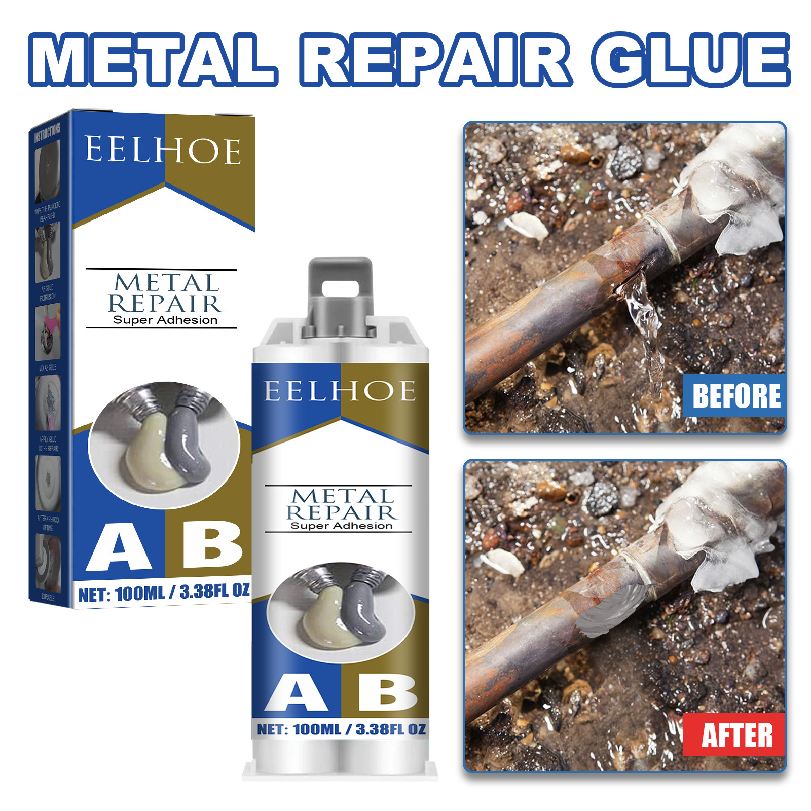 Ab-gießkleber, Ein Schnelltrocknender, Zäher Und Stabiler, Hochtemperaturbeständiger Metallkleber Zum Abdichten Und Verschließen Von Lecks – 100 Ml + Druckstab + Spachtel -- Biemmedue