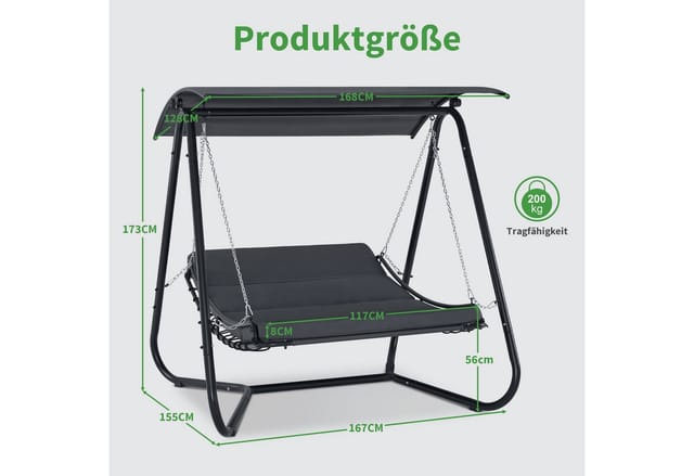 M Mcombo Hollywoodschaukel mit Liegefunktion, Schaukelliege Outdoor, Gartenliege Wetterfest, Gartenschaukel mit Sonnendach & Extradickem Sitzkissen,