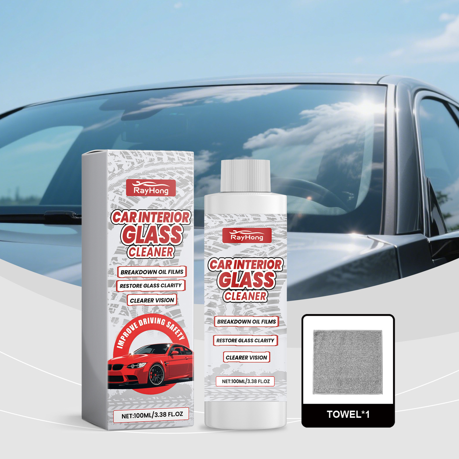 Autoglasreiniger, Schonende Reinigung, Ölregulierung, Antibeschlag, Täglicher Autofensterreiniger – 100 Ml × 1, Tuch × 1 -- De