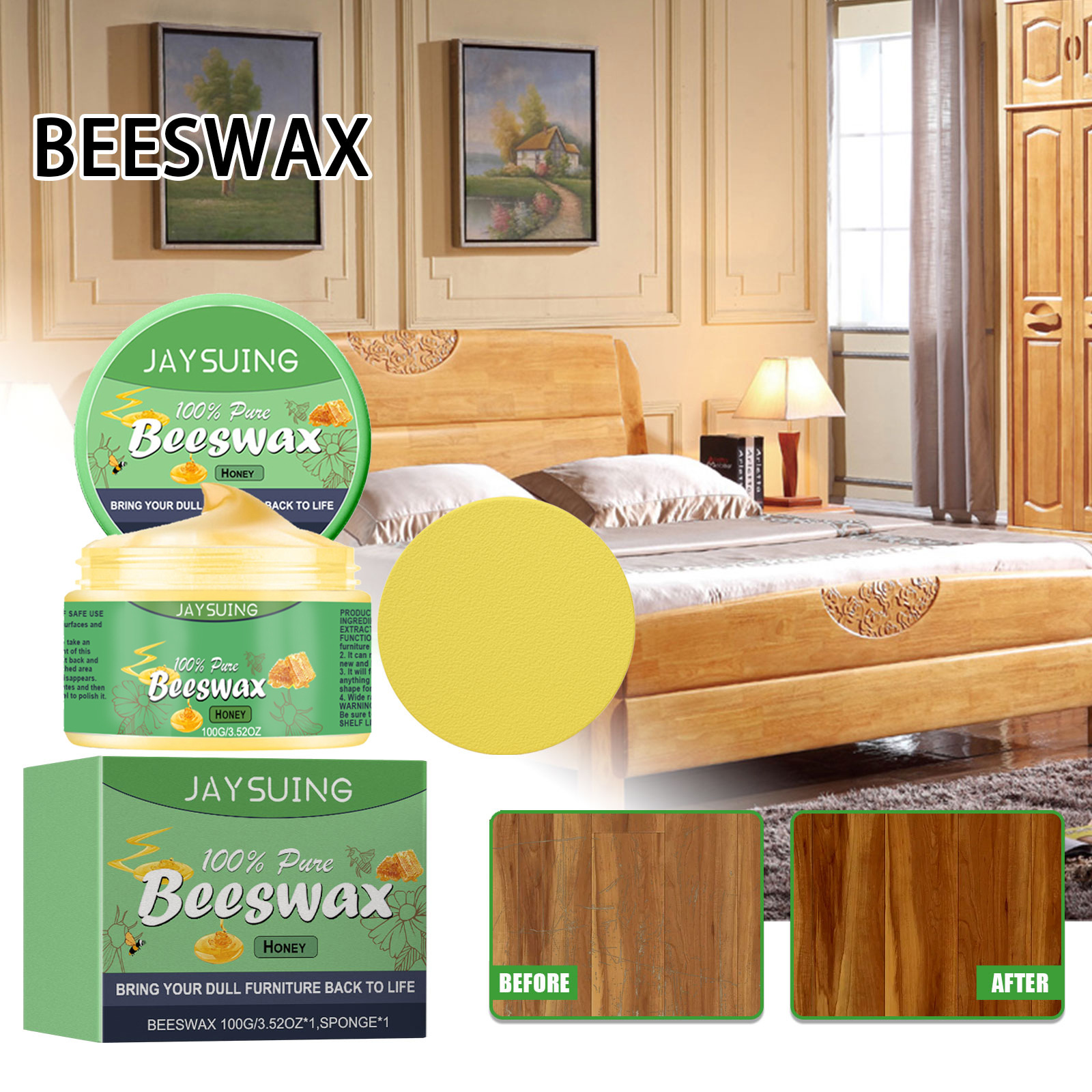 Bienenwachs Zur Reparatur Von Holzkratzern, Farbauffrischung, Polieren Und Aufhellen – 100 G + Schwamm -- De