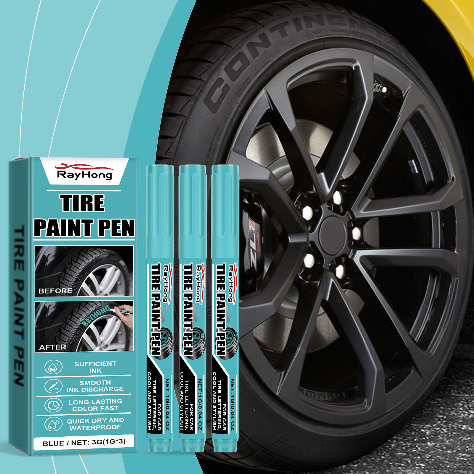 Blauer Autoreifen-farbstift, Mehrfarbige Reifenfarbe, Lichtecht, Diy-ölmarker -- 3 G (1 G 3) -- De