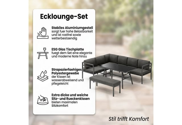 Essgruppe Aluminium Lounge Ecksofa mit Sitzbank wetterfest Grau Tisch Entspannungsoase Gartenmöbel Ecksitzgarnitur Sofa Outdoor-Möbel - Mucola