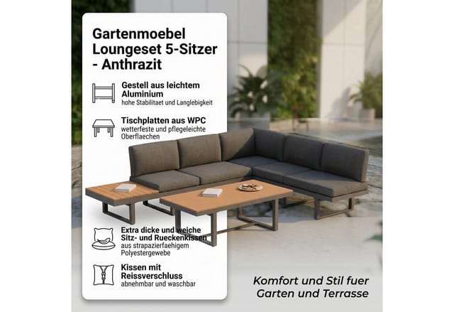 Sitzgruppe Aluminium Lounge Ecksofa mit Liegefunktion wetterfest Essgruppe Gartenmöbel Entspannungsoase Sofa Sitzgarnitur Outdoor-Möbel - Mucola