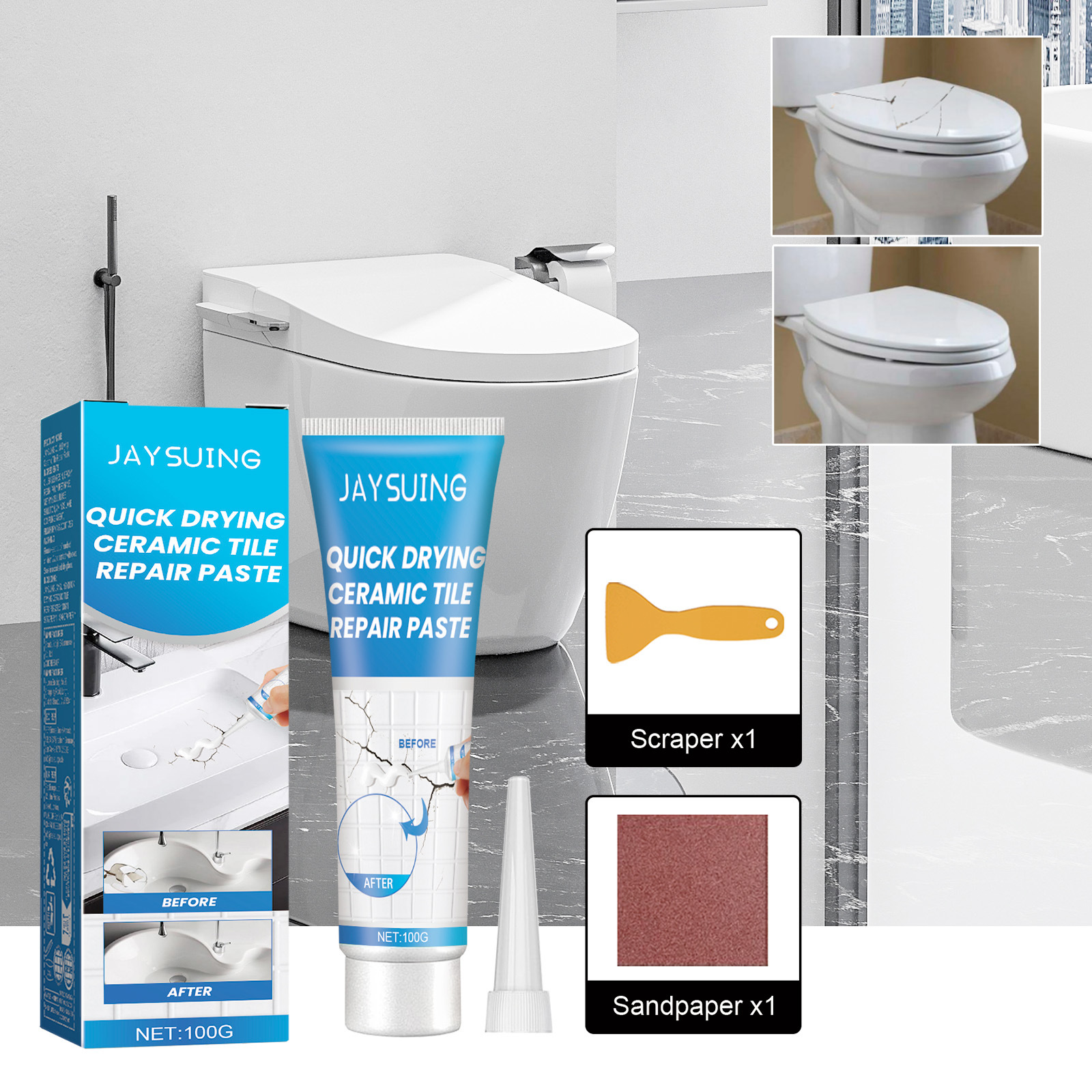 Fliesenreparaturkleber Für Badewannen, Marmormöbel, Bodenfliesen Und Toiletten - 100 G + Spachtel + Schleifpapier Zur Reparatur Von Rissen Und Löchern. -- Biemmedue
