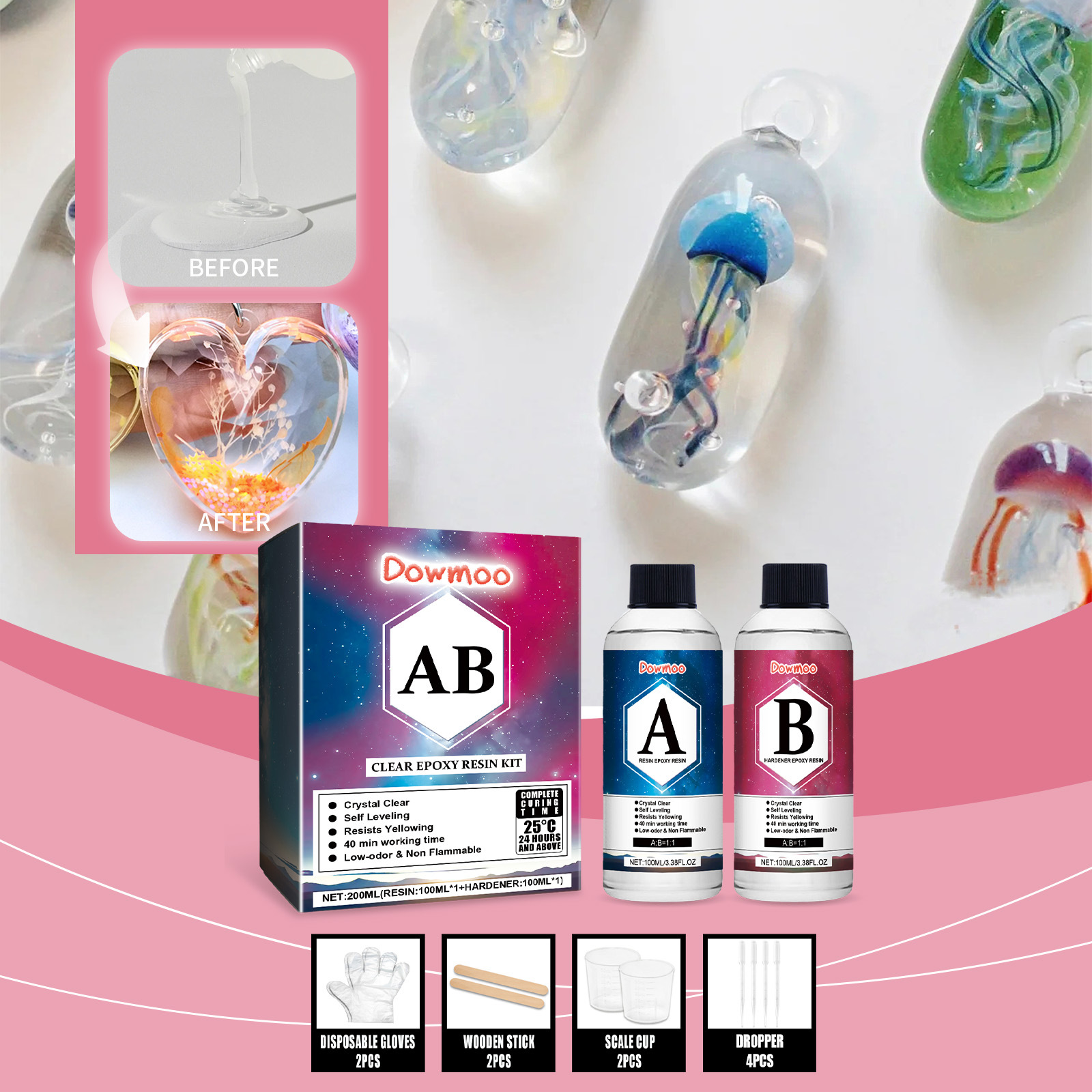 Gießharz (kristallines Epoxidharz, Das Nicht Leicht Vergilbt) – 100 Ml Harz + 100 Ml Härter + 2 Rührstäbe + 2 Messbecher + 4 Pipetten + 2 Handschuhe -- Biemmedue