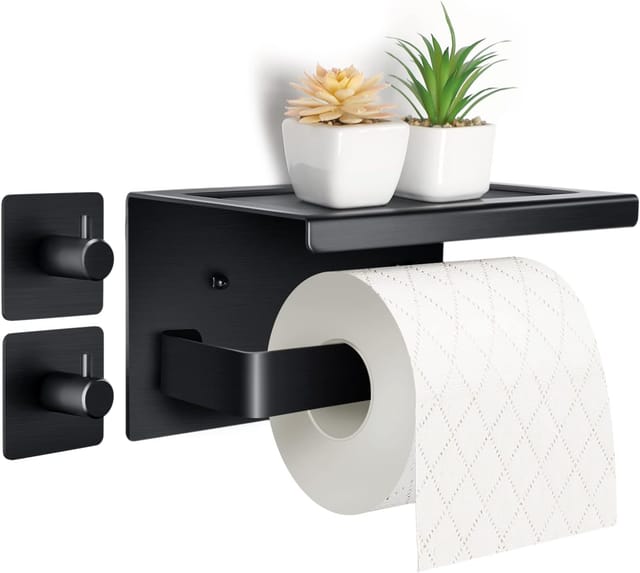 Toilettenpapierhalter Ohne Bohren, Selbstklebend Klopapierhalter Mit Ablage, Edelstahl Klorollenhalter Wandmontage, Wc Papier Halterung Rollenhalter Mit Kleber Für Badzimmer Schwarz
