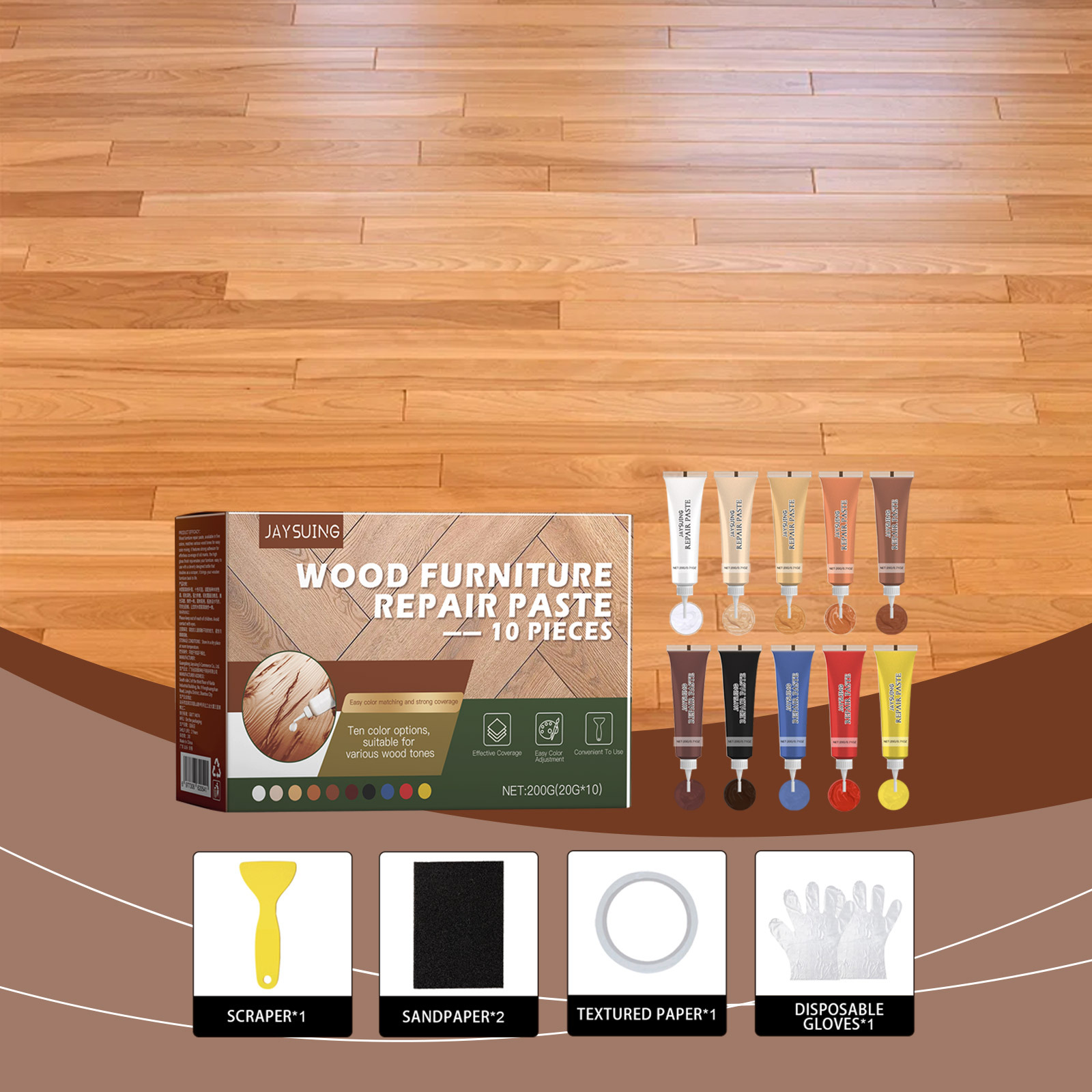 Holzmöbel-reparaturmasse Für Löcher Und Risse – 10 Stück Reparaturpaste, 1 Spachtel, 2 Blatt Schleifpapier, 1 Stück Klebeband, 1 Paar Handschuhe -- Biemmedue