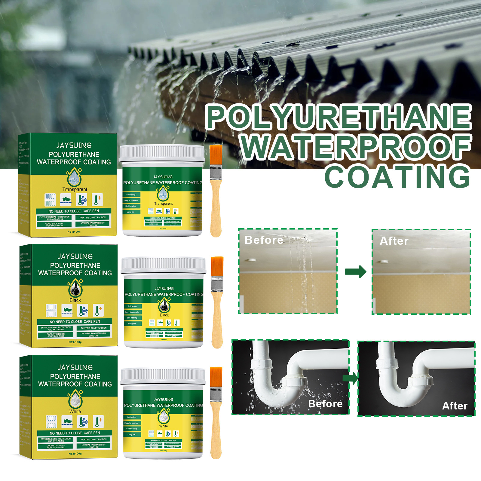 Klare Und Wasserdichte Beschichtung Für Dacharbeiten, Abdichtung Von Badezimmerrohren, Feuchtigkeitsregulierung, Langlebigkeit Und Wirksamkeit Weißer Wasserdichter Klebstoff 100 G + Pinsel. -- Biemmed