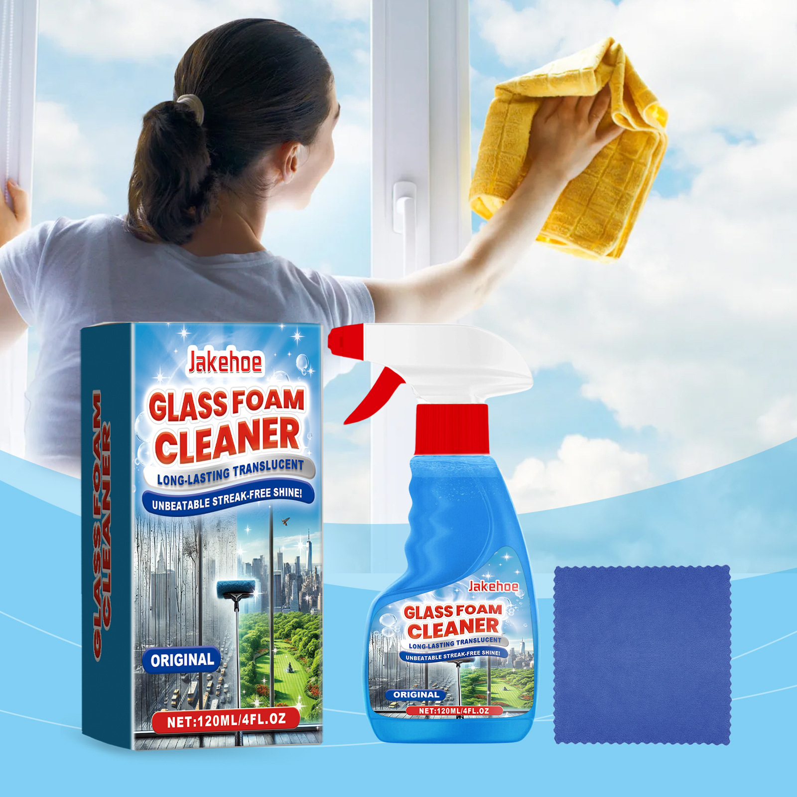 Schaumreiniger Für Glas Im Haushalt. Entfernt Flecken, Fett Und Fingerabdrücke Von Fenstern, Spiegeln Und Glastüren. – Inhalt: 120 Ml Reiniger, Blaues Tuch -- Biemmedue