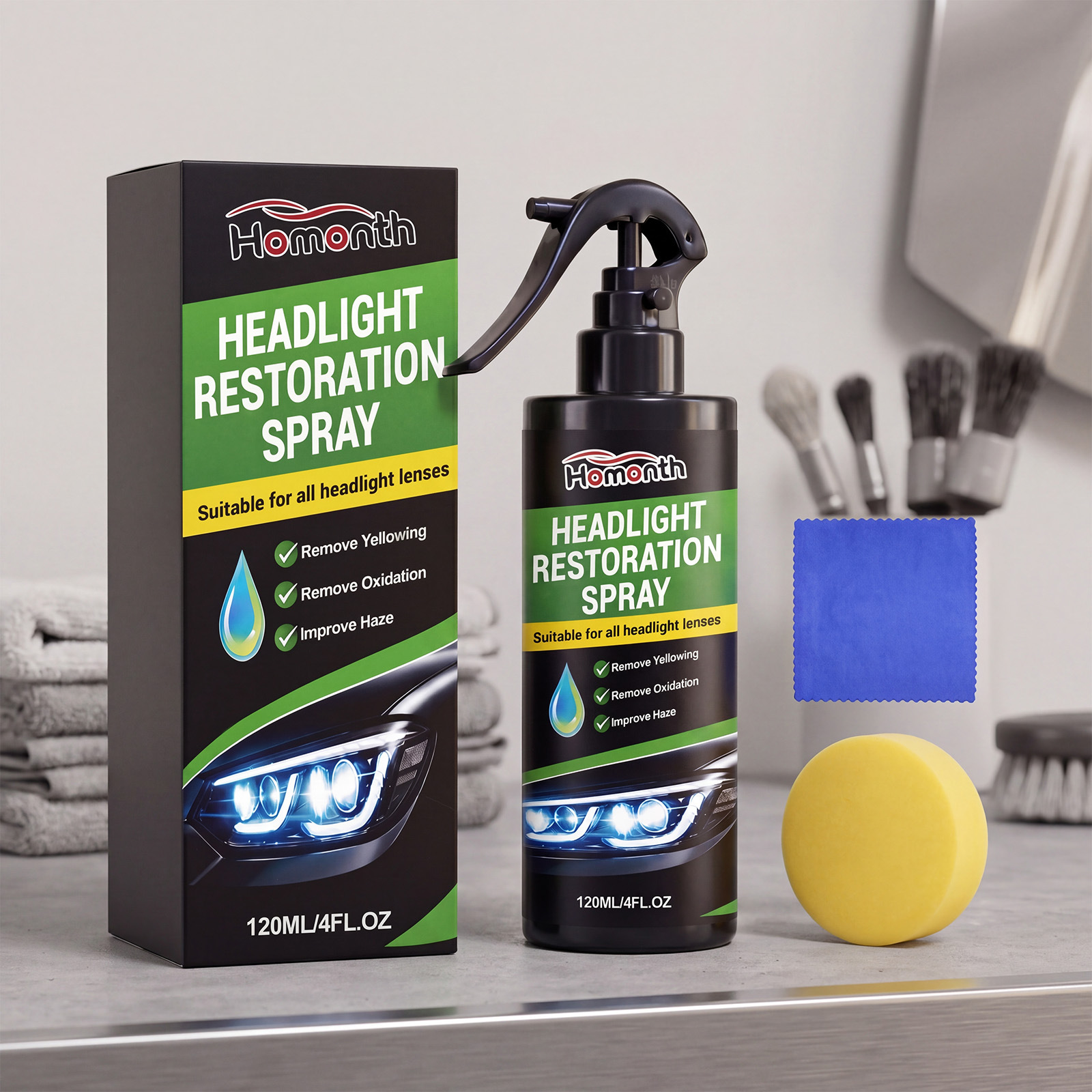 Scheinwerfer-pflegespray, Scheinwerferpolitur Und -aufbereitung, Tägliche Reinigung, Aufhellung Und Verbesserte Sicht – 120 Ml X 1 + Schwamm X 1 + Tuch X 1 -- Biemmedue