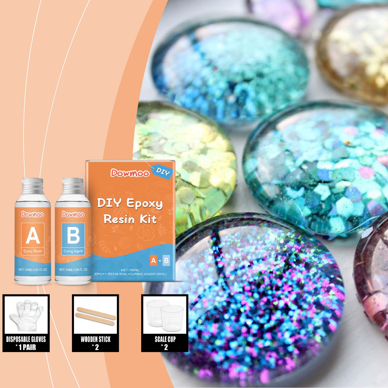 Set Zum Aushärten Von Transparentem Epoxidharz, Schnelltrocknendes Schmuckset – Harz 50 Ml + Härter 50 Ml + Rührstab 2 X + Messbecher 2 X Handschuhe 1 Paar -- Biemmedue