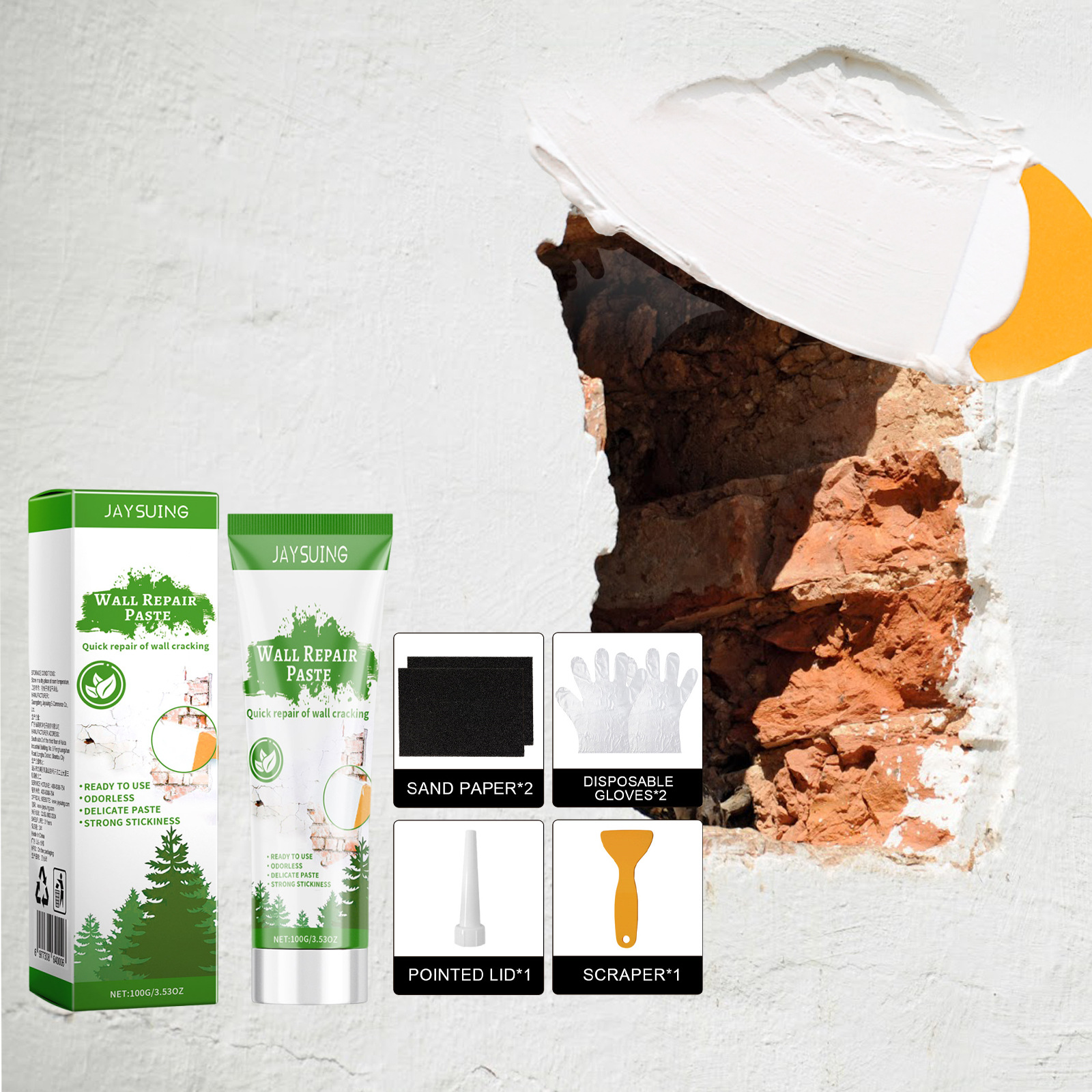 Wandreparaturpaste Für Die Alltägliche Wandrenovierung Im Haushalt, Feuchtigkeitsbeständig, Schimmelresistent Und Zur Rissreparatur – 100 G × 1 + Spachtel × 1 + Spitze Kappe × 1 + Schleifpapier × 2 +