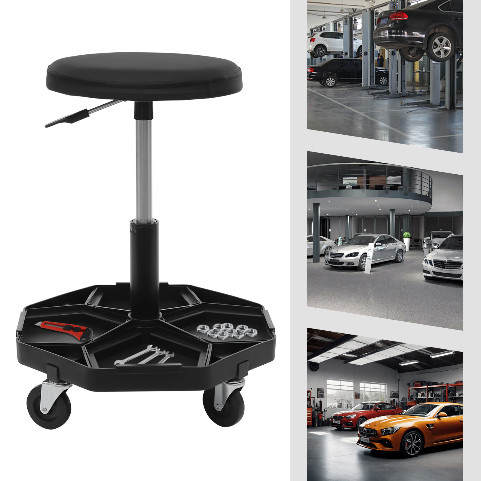 Werkstatt-rollsitz, Pneumatischer Hocker, Höhenverstellbar 17,7-22,8 Zoll, 150kg Tragfähigkeit, Schwarz