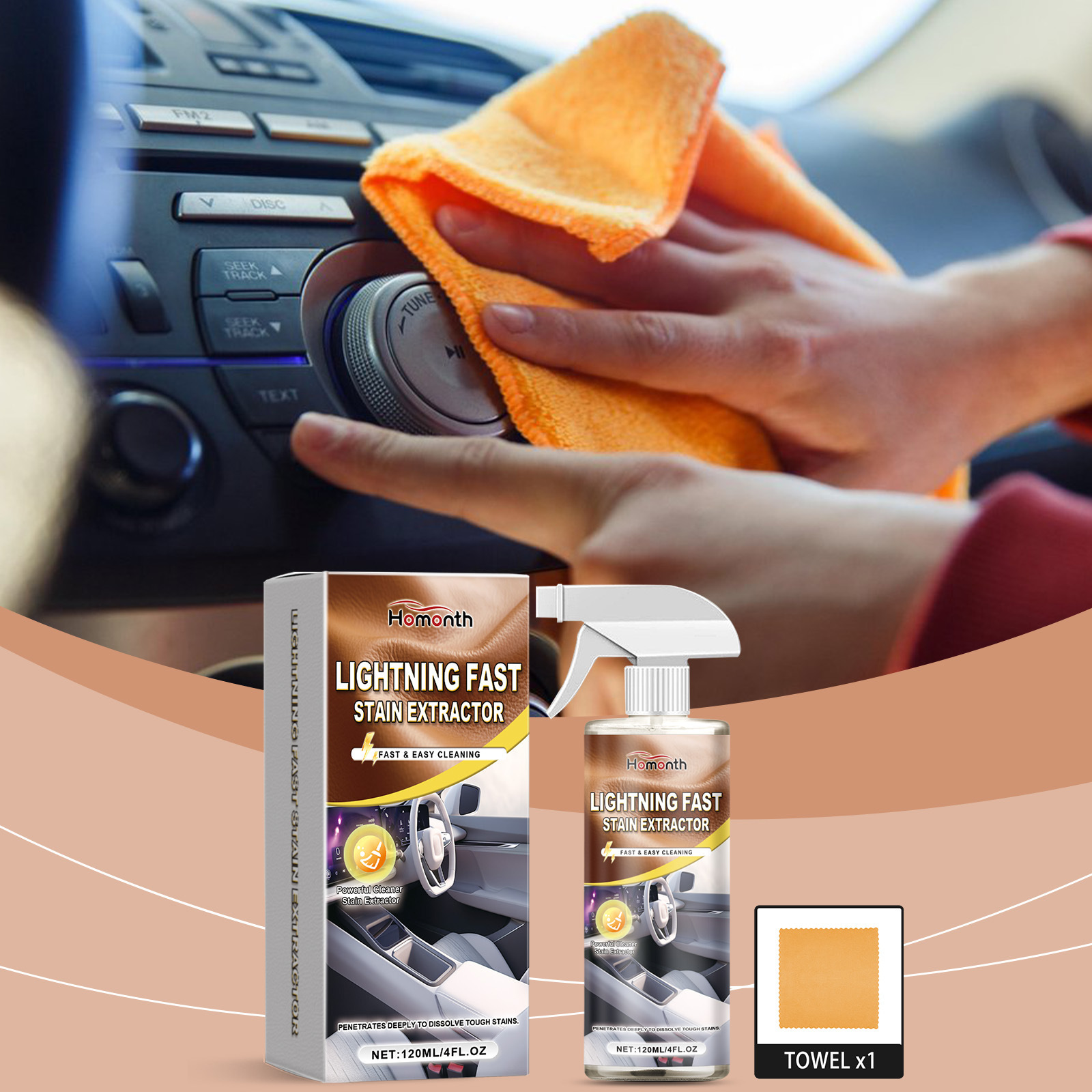 Autoinnenreiniger, Wirksam Zur Reinigung Von Leder, Stoffen Und Kunststoffen, Entfernt Flecken – 120 Ml Reiniger X 1, Tuch X 1 -- Biemmedue