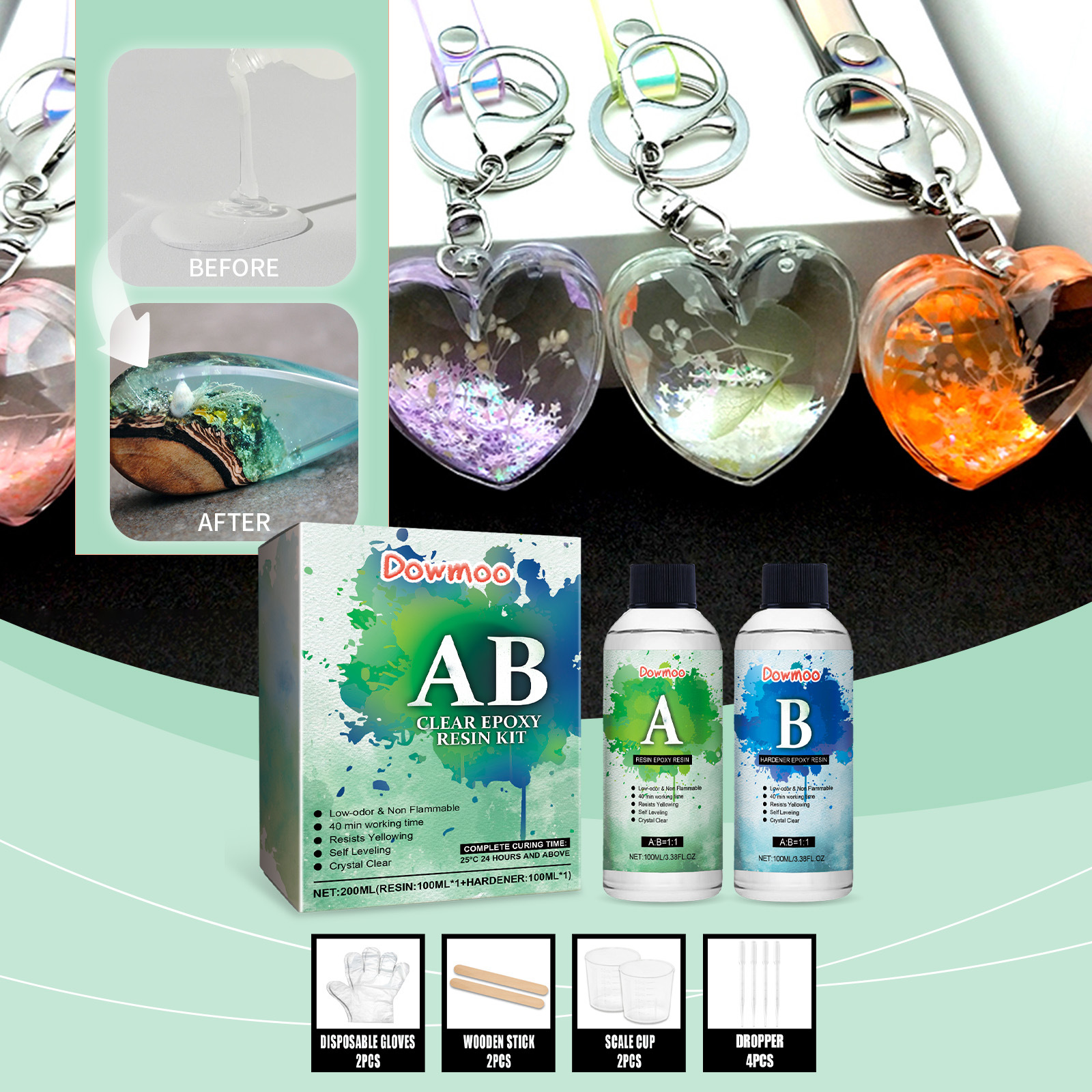 Handgefertigtes, Kristallklares Und Farbbeständiges Epoxidharz, Schnelltrocknend, Mit Ab-kleber – 100 Ml Harz + 100 Ml Härter + 2 Rührstäbe + 2 Messbecher + 4 Pipetten + 2 Handschuhe -- Biemmedue